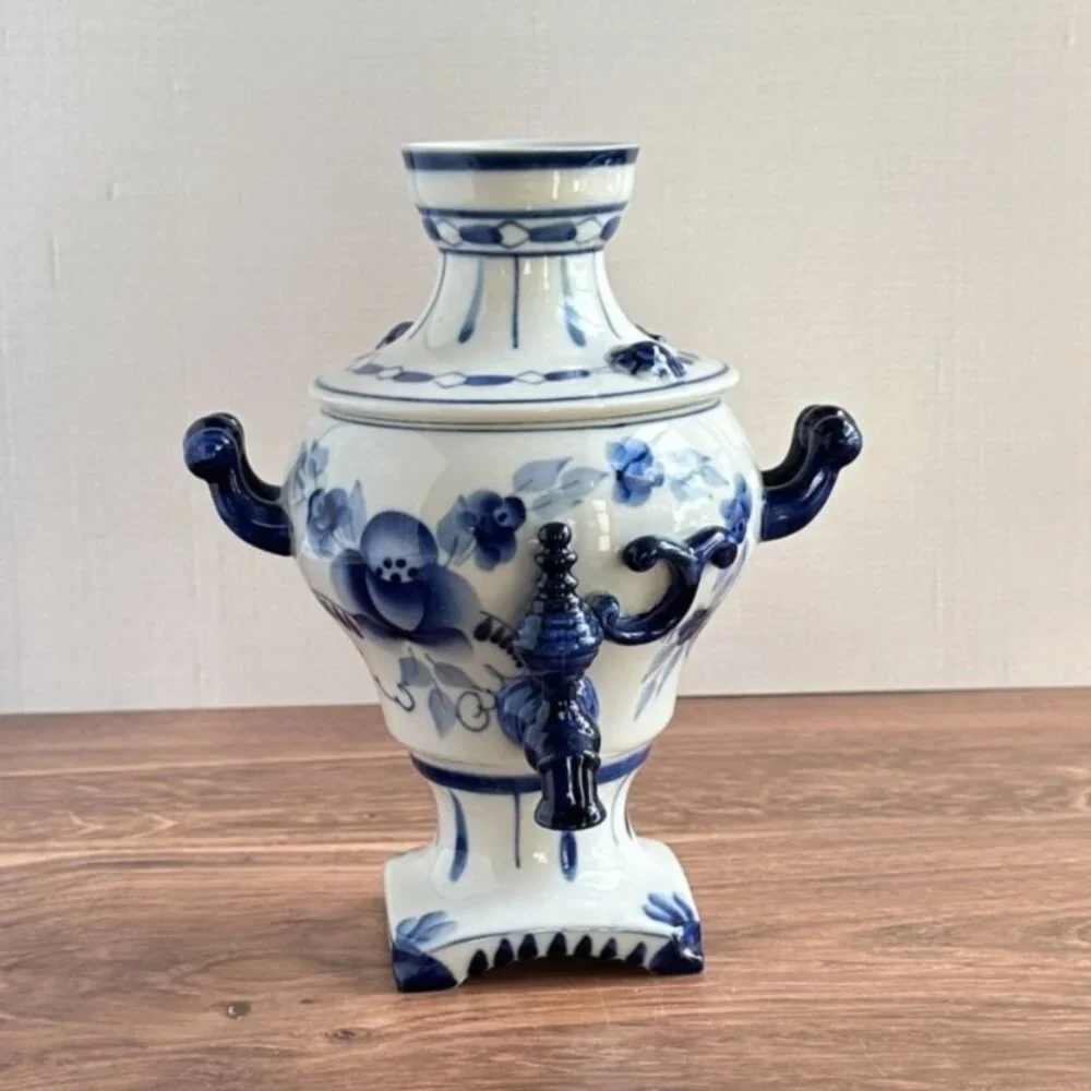 Hand-Painted Russian Gzhel Samovar, Blue and White Ceramic, Decorative Teapot - Picture 1 of 14